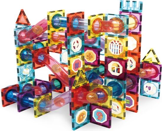 Olvy Smart Playground Blocs Magnétiques + Jouet Montessori + Enfants 3-6 Ans | Circuit de Billes + 100 Tuiles Magnétique