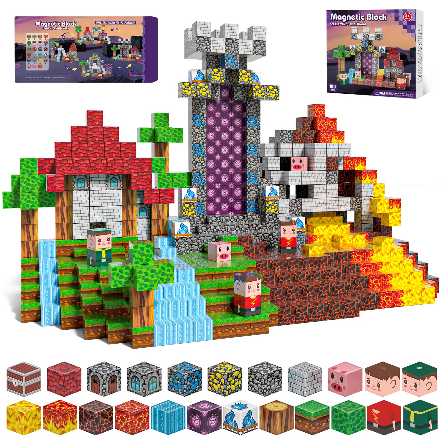 Bloc Construction Magnétique 100 PCS pour Enfants 3+ Ans, Cube Magnétique Garçon & Fille, Magentic Blocks Aventures - Id